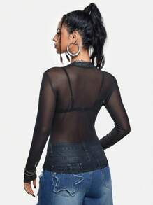 Eljasssss Blusa casual de mujer artista con cuello redondo, estampado de calavera en malla, en negro, estilo Y2K, urbano, oscuro, para Halloween, salidas, festivales, estilo occidental