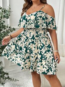 SHEIN VCAY Đầm suông hở vai in họa tiết hoa cỡ lớn cho nữ - Màu xanh lá cây đậm - Xem 6