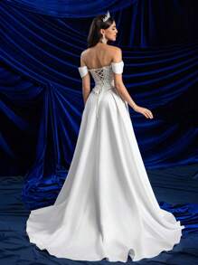 SHEIN Belle Elegant Glamorous Off-Shoulder 2 In 1 Set With Sequin Lace Bust Cup, Fish Bone Boning, A-Line Dress & High Slit, Sheer Lace Design, Suitable For Weddings, Parties, Galas & Informal Ceremonies, White Bridal Dress