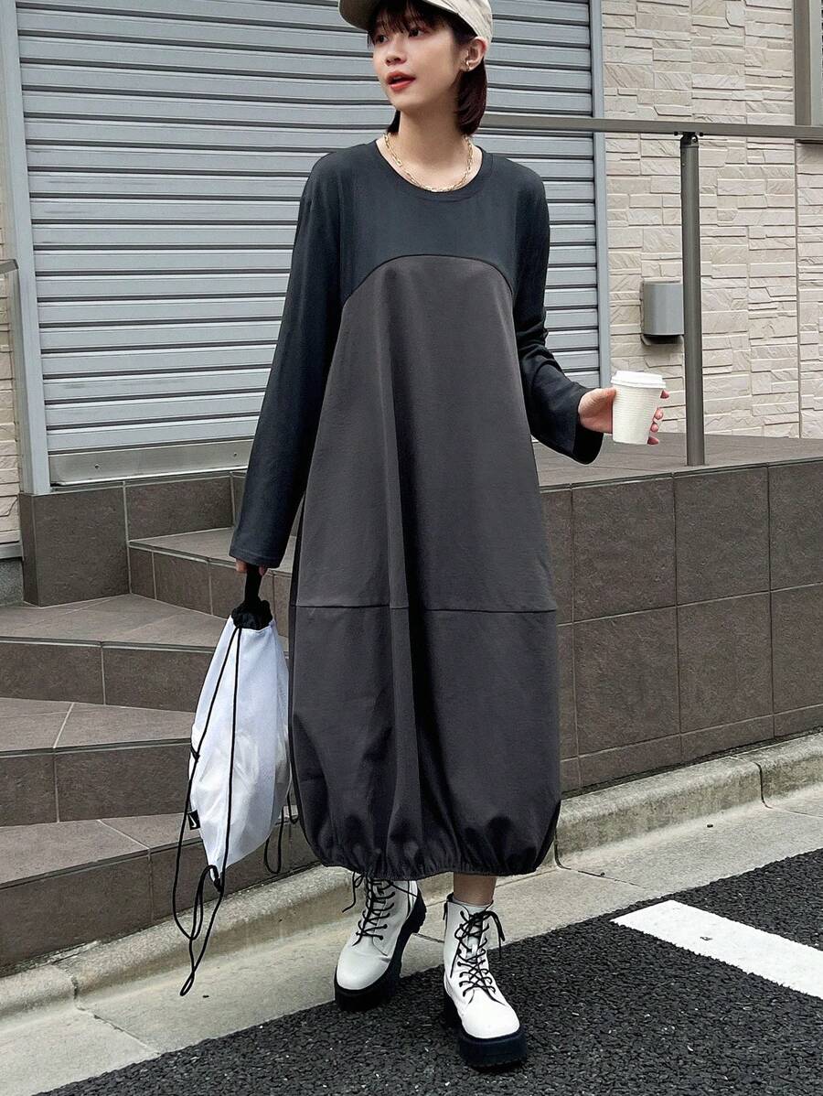 FRIFUL Women's Patchwork Hem Long Sleeve Dress,Fall Clothes - Grey - View 1