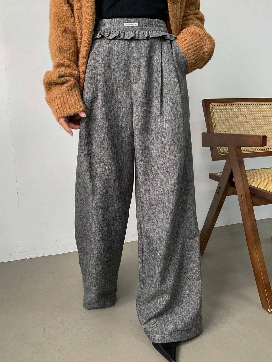 FRIFUL 女式宽松字母图案拼布荷叶边下摆口袋阔腿裤 - 灰色 - 查看 1