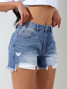 SHEIN EZwear Front Button, Multiple Pockets, Distressed Hem Denim Shorts, Casual Everyday - Blue - View 5