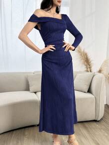 Modelyn 女士纯色不对称领长袖超长优雅连衣裙，春夏长款晚礼服 - 藏蓝色 - 查看 3