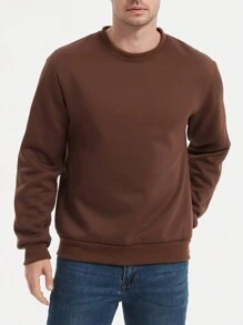 Manfinity Homme Herren einfarbiger Rundhalspullover mit Langarm aus Fleece, Herbst/Winter - Braun - Übersicht 4