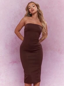 MISSGUIDED Strapless Bandeau Bodycon Midi Dress Sleeveless Form Fitting Party Evening Club Wear Stretch Elegant Fashion Dress Night Out - Brown - View 4