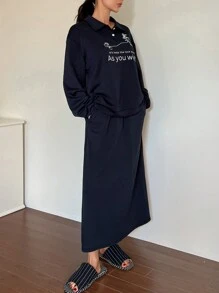 DAZY 线条画兔子印花翻领运动衫和迷你裙休闲家居服套装睡衣 - 藏蓝色 - 查看 7