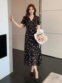 DAZY 女式碎花V领短袖优雅连衣裙太阳裙