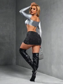 SHEIN SXY 女式休闲牛仔中长裙带口袋