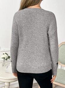 SHEIN 孕妇圆领长袖五角星图案毛衣，休闲装，孕妇装，冬季 - 灰色 - 查看 2