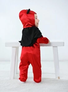 SHEIN Baby Boy/Girl Halloween Red Demon Jumpsuit Costume, Made Of Metallic-Look Fabric, With 3D Horns & Ears Hat, Fashionable Black Cape With 3D Tail Design, Elastic Cuffs & Ankles For Comfort. Suitable For Outdoor Activities, Casual Wear, Sports Or Party - Red - View 3