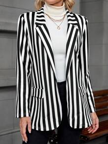EMERY ROSE 女式黑白条纹长袖秋季西装外套 - 黑與白 - 查看 4