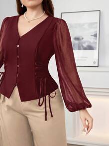 Modelyn 勃艮第红色加大码女式春夏网眼撞色灯笼袖系带优雅衬衫 - 酒紅色 - 查看 6