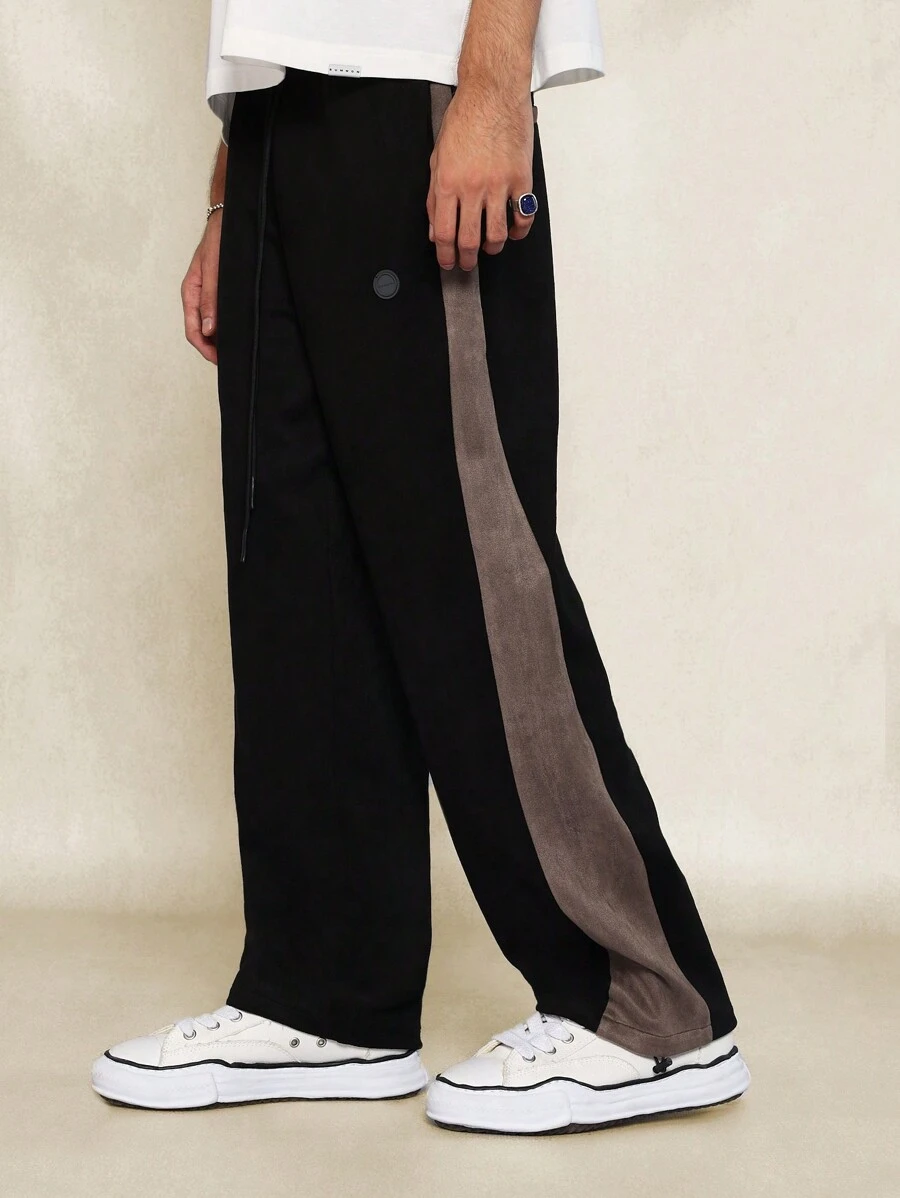 SUMWON 拼色阔腿运动慢跑裤运动裤高性能运动训练锻炼裤抽绳腰部舒适街头服饰家居服秋冬 - 黑色 - 查看 1