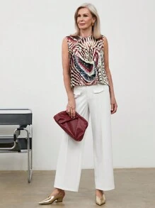 SHEIN LUNE Women's Casual Vacation Butterfly Wing Geometric Placement Print Pleated Sleeveless Satin Loose Round Neck Top - Multicolor - View 1