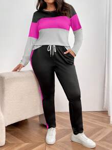 SHEIN LUNE 2 件大码女式舒适拼色休闲家居服 - 上衣和紧身裤 - 彩色 - 查看 6