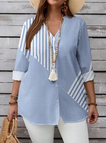 SHEIN LUNE Plus Size Women's Casual V-Neck Blue & White Stripe Button Down Long Sleeve Shirt, Suitable For Autumn - Blue and White - View 5