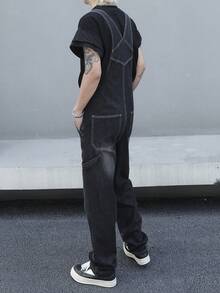 Manfinity Hypemode Men's Casual Loose Fitting Denim Bib Overall Long Pants, Summer - Black - View 4