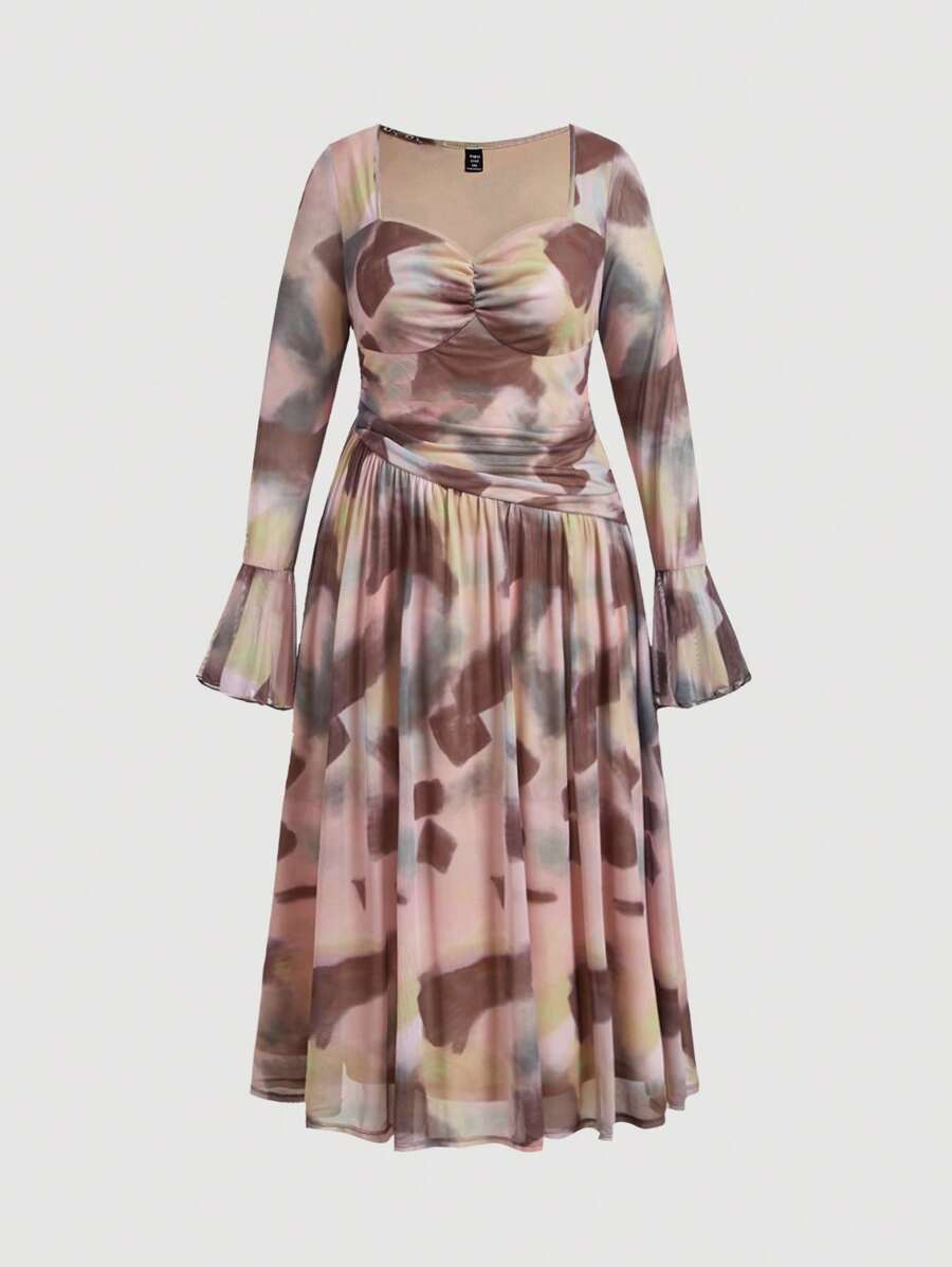 SHEIN MOD Vintage Style Tie Dye Floral Print Ruched Dress For Plus Size Women, Long Sleeves - Multicolor - View 1