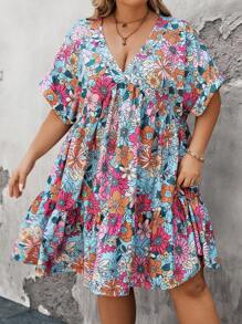 SHEIN CURVE+ Plus Size Women's Festival Floral Printed V-Neck Batwing Sleeve Short Sleeve Babydoll Dress