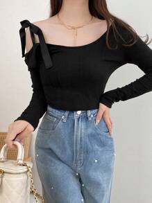 FRIFUL Women's Asymmetrical Neck Tie Shoulder Long Sleeve Elegant Casual Sweet T-Shirt, Ribbed Tee