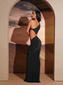 Hauture Đầm Maxi Đi Chơi Một Vai Cắt Bất Đối Xứng - màu đen - Xem 2