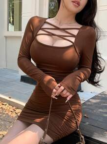 DAZY 女式拉绒拼布系带长袖性感迷你连衣裙，适合派对、返校、秋冬季 - 棕色 - 查看 3