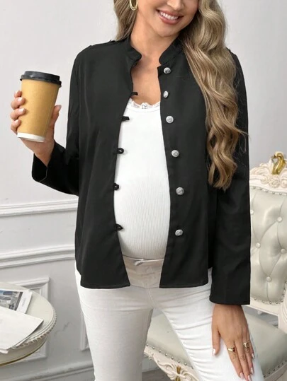 SHEIN 孕妇纯色单排扣长袖休闲夹克，春秋
