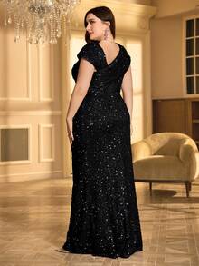 UNITHORSE 大码亮片褶皱不对称领口正式礼服派对礼服婚礼宾客礼服晚礼服新娘礼服生日女士服装毕业礼服晚礼服春季优雅黑色 - 黑色 - 查看 2