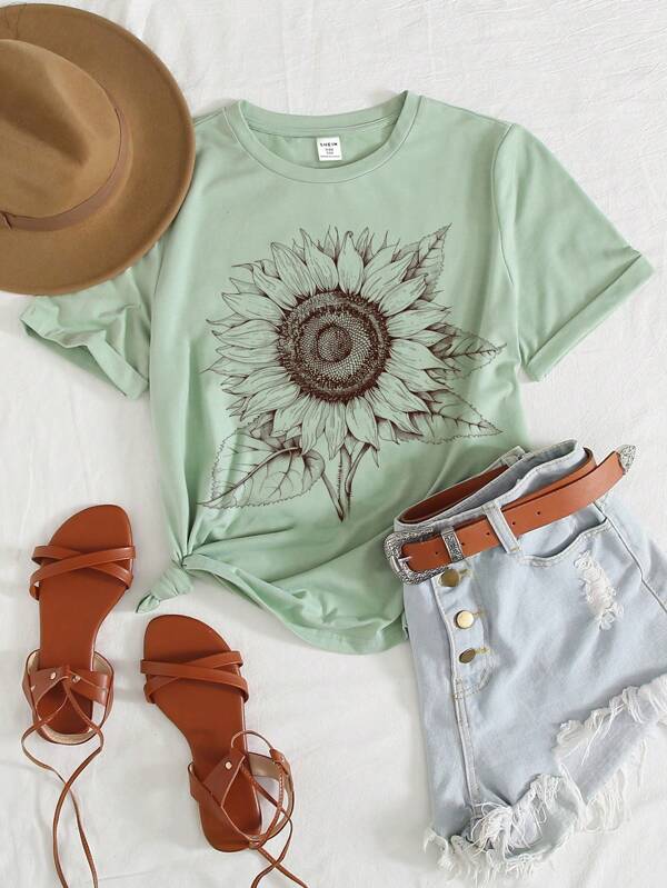 SHEIN Daisy Girl, Pressed Flowers Tshirt, Boho Wildflowers Shirt, Tween Girls Casual Simple Floral Print Round Neck Loose Short Sleeve T-Shirt For Summer