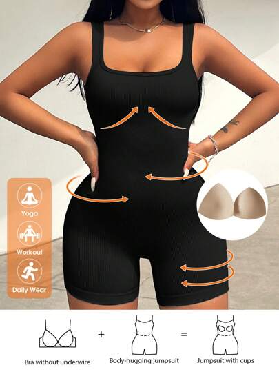 VaVaBold Women Summer Fall Casual Seamless Knit Solid Color Sports Outdoor Tight Romper Unitard Jumpsuit