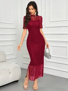 Modelyn 勃艮第红女士纯色拼布荷叶边下摆短袖修身开叉连衣裙长款晚礼服 - 酒紅色 - 查看 4