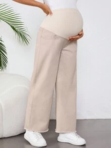 SHEIN 孕妇休闲宽松阔腿卡其牛仔裤，适合孕妇 - 卡其色 - 查看 4