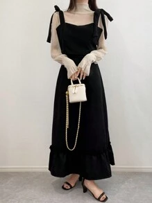 FRIFUL 2pcs Women's Solid Color Elegant Tie Fitted Soft Top And Skirt,Ruffle