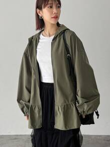 FRIFUL Women's Solid Zip Front Drop Shoulder Ruffle Hem Hooded Light Jacket, Spring Autumn,Fall Women Clothes Women Coats - Green - View 3