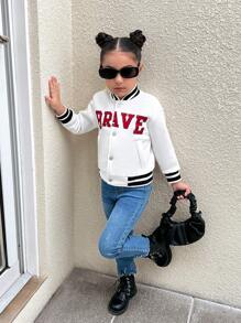 SHEIN Explorewe Girls Casual Stylish Street Wear White Baseball Jacket With Fleece Material, Red Simple Fashion English Letter Printed Cardigan, Autumn Season - White - View 5