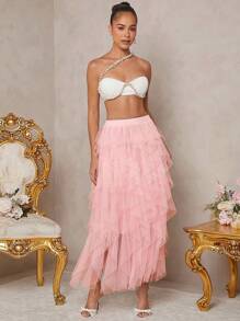Hauture Ruffle Mesh High Waist Solid Skirt - Pink - View 4