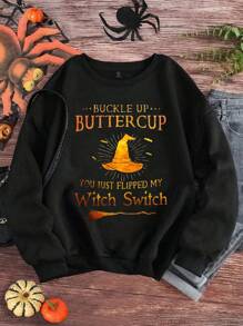 SHEIN LUNE Plus Chic Halloween Graphic Sweatshirt, Round Neck, Long Sleeves, Geometric Patterns,-Spring And Fall, Women's Casual Wear Perfect Graduation,Back To School Outfits,Graduation,Teacher Outfits For Women,Back To School - Black - View 1