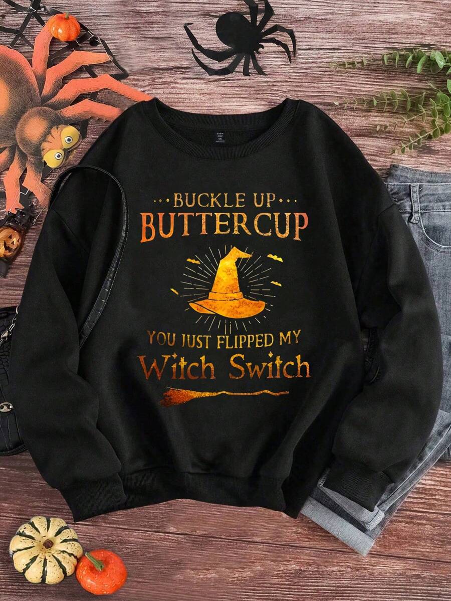 SHEIN LUNE Plus Chic Halloween Graphic Sweatshirt, Round Neck, Long Sleeves, Geometric Patterns,-Spring And Fall, Women's Casual Wear Perfect Graduation,Back To School Outfits,Graduation,Teacher Outfits For Women,Back To School - Black - View 1