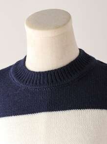 Young Boy Round Neck Long Sleeve Striped Contrast Color Sweater And Straight Casual Pants Set - Royal Blue - View 3