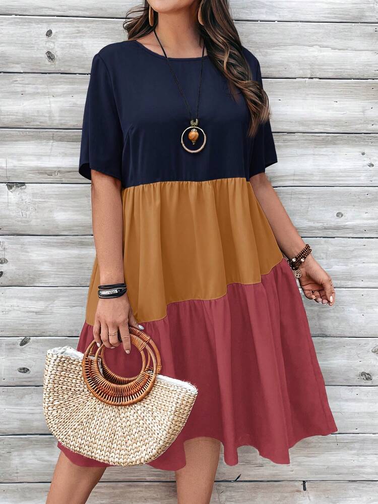 Plus Size Women's Contrast Color Doll Dress For Spring