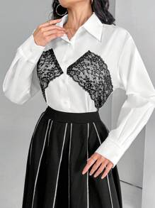 Modelyn Chemise à manches longues pour femmes avec patchwork en dentelle de couleurs contrastées, décontractée, pour le printemps et l'automne - Blanc - Voir 1