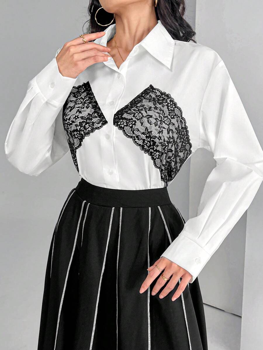 Modelyn Chemise à manches longues pour femmes avec patchwork en dentelle de couleurs contrastées, décontractée, pour le printemps et l'automne - Blanc - Voir 1