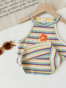 SHEIN Tween Girl Knit Floral Patch Colorful Striped Pullover Casual Tank Top - Baby Blue - View 4