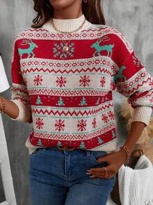Chiquease Christmas Elk Pattern Long Sleeve Color Block Sweater, Casual Daily Wear - Multicolor - View 6