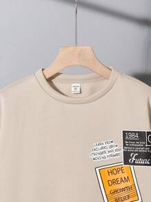 SHEIN 青少年男孩休闲英文徽标印花保暖内衬圆领运动衫，米色，适合秋季、冬季、保暖、学校、居家、日常、运动、生日派对、外出、百搭且简约