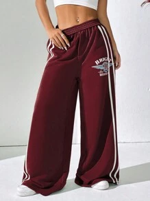 SHEIN Unity 条纹拼布字母印花休闲口袋裤 - 酒紅色 - 查看 5