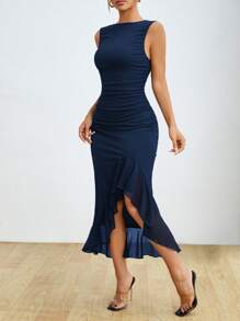 SHEIN PETITE Váy ôm vừa vặn không tay, co giãn, xếp nếp bất đối xứng - Màu xanh hải quân - Xem 4