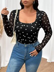 SHEIN Frenchy 大码秋季心形印花透视长袖紧身衣 - 黑與白 - 查看 3