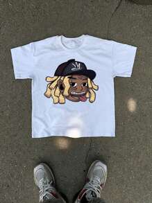 Manfinity EMRG 男士宽松街头风格复古趣味破洞卡通嘻哈肖像笑脸图案白色针织 T 恤。 - 白色 - 查看 1