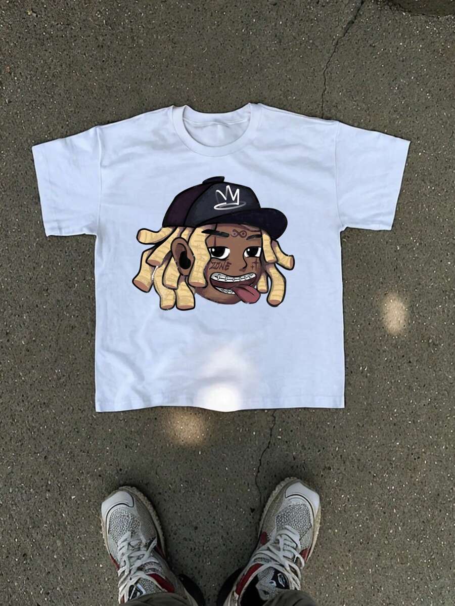 Manfinity EMRG 男士宽松街头风格复古趣味破洞卡通嘻哈肖像笑脸图案白色针织 T 恤。 - 白色 - 查看 1